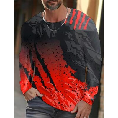 Color Block 3D Print Men's T-shirts Spring Summer Imitation Polyester Loose Round Neck Long Sleeve Casual Tops Oversized T Shirt