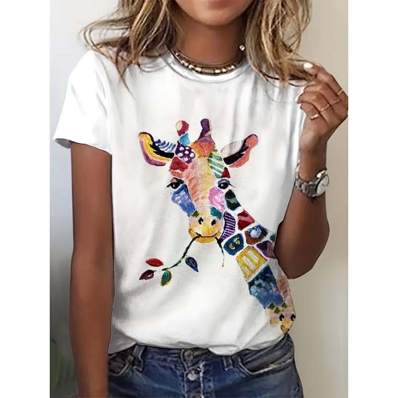 Crew Neck Short Sleeve Watercolor Giraffe Floral Print T Shirt Women's Outfits Casual Daily Wear Summer Lady Clothes