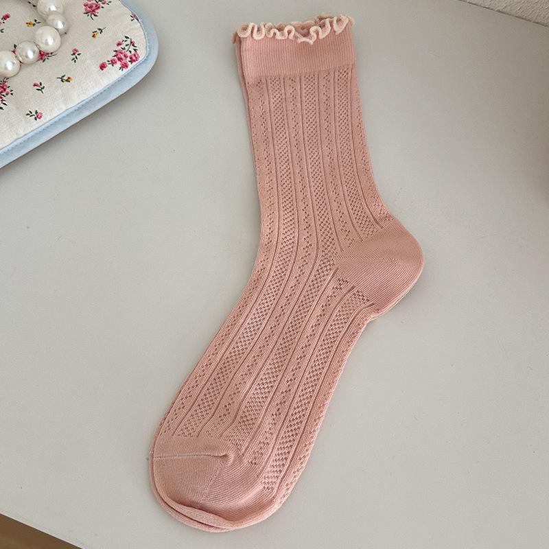 Women's White Mid-Calf Cotton Mesh Slouch Socks with Wood Ear Edge – Breathable, Thin, Summer Style