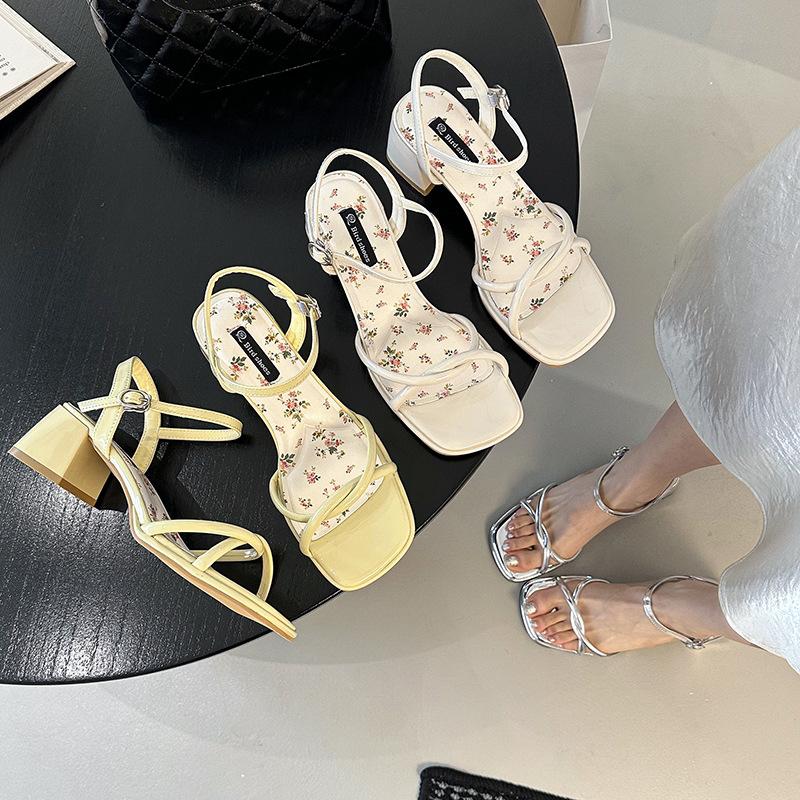 French Fairy Style Bow Word with High-heeled Sandals Female 2025 Summer New Floral Small Fresh Open-toed Sandals