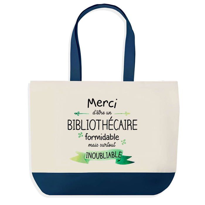 Tote bag - PLANETEE - Merci Bibliothécaire Inoubliable - Coton 40x45 cm - Grand format bleu - Fabriqué en France