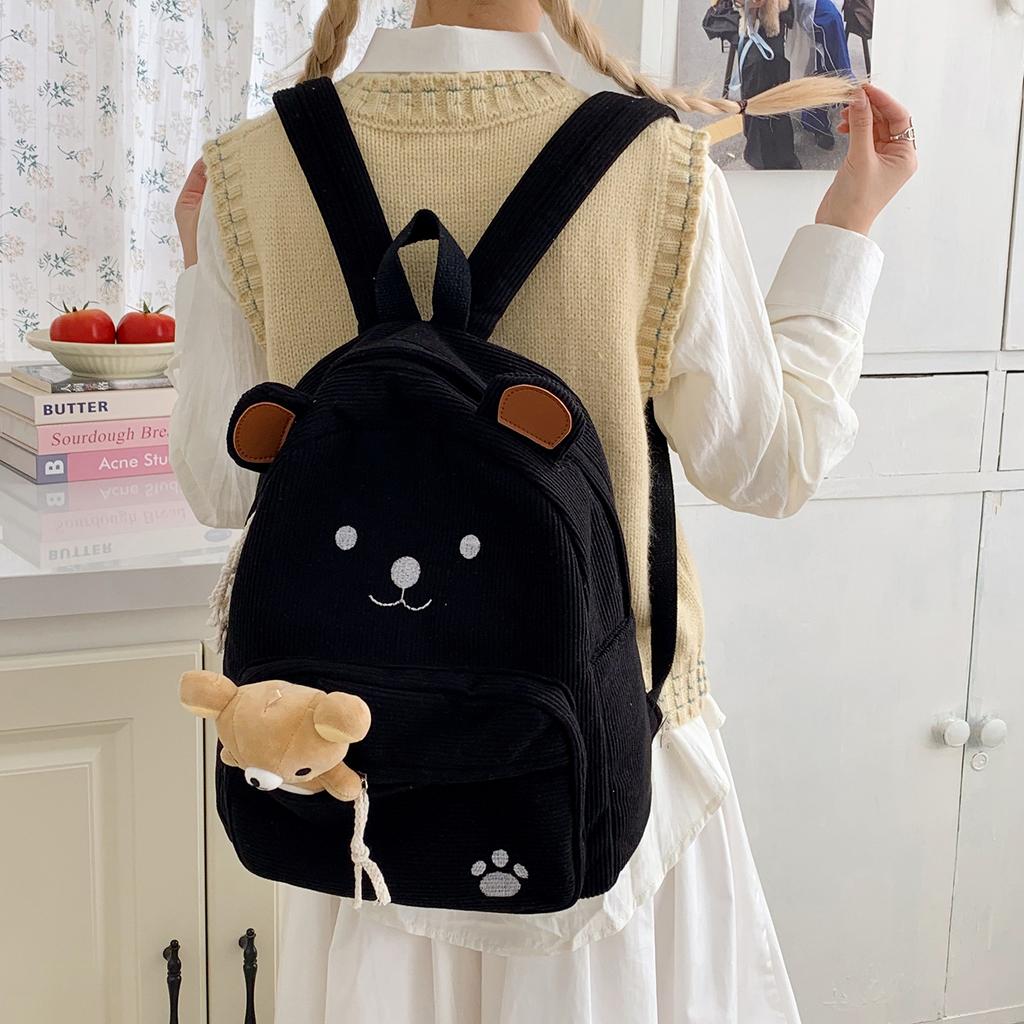 Schoolbag Autumn and Winter New Corduroy Backpack Cute Bear Student Schoolbag College Style Fashion Commuter Backpack