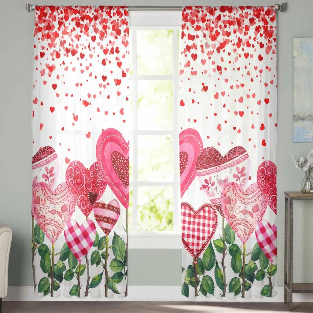 Valentine'S Day Love Pendant Love Flower Tulle Voile Curtains for Bedroom Living Room Window Curtain Sheer Organza Drapes