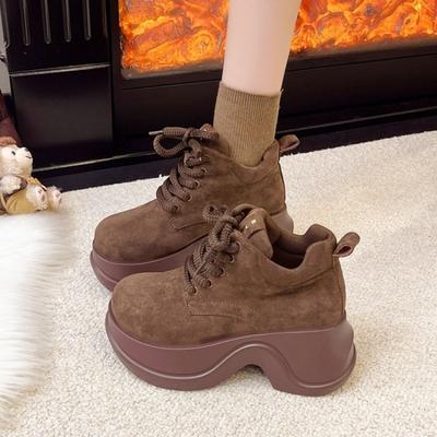 Fashion Retro New Women's 2025 Round Toe Suede Front Lace-Up Casual Platform Non-Slip High-Top Single Shoes