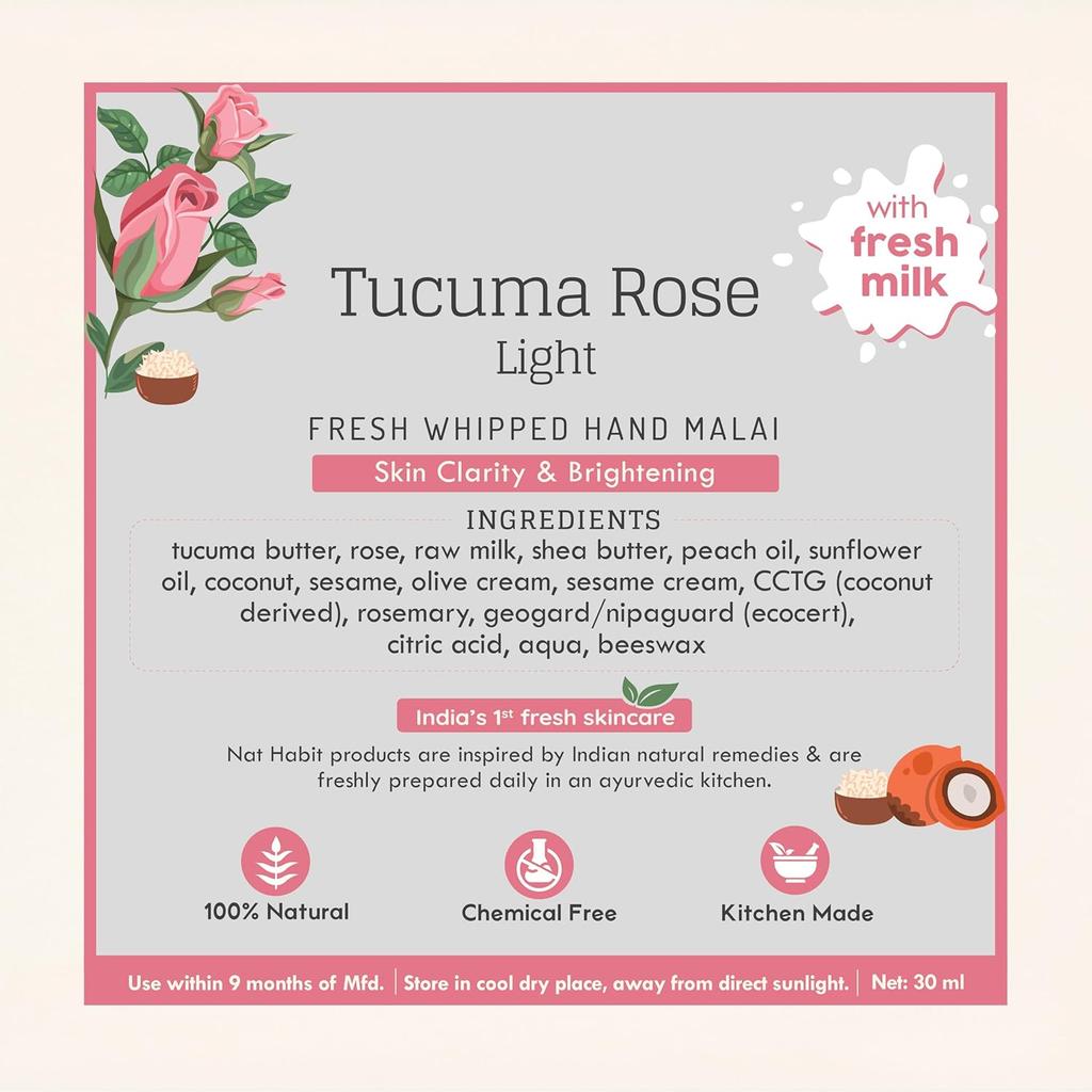 Nat Habit Tucuma Rose Light Hand Cream, Whipped Malai With Shea Butter For Soft Hands, Hydrating Daily Moisturizer 2x30ml