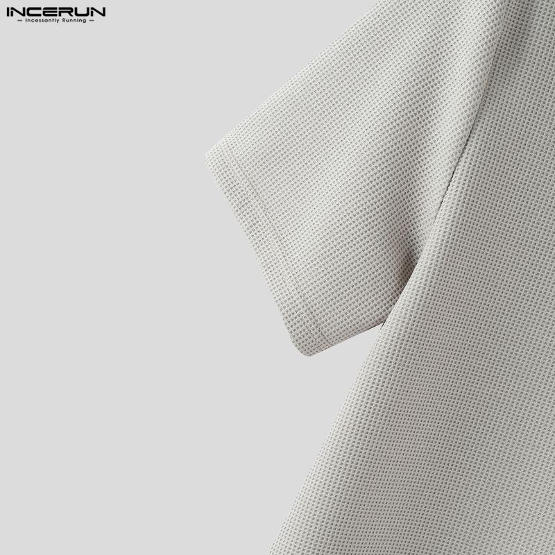 INCERUN Men Stand Neck Short Sleeve Solid Color Waffle Texture Casual Henley T-shirts Tops