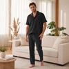 2Pcs/Set Casual Outfit for Men, Lapel Short Sleeve Shirt And Elastic Waist Loose Long Pants, Summer Ultra-Thin Ice Silk Outfit for Home And Daily Wear