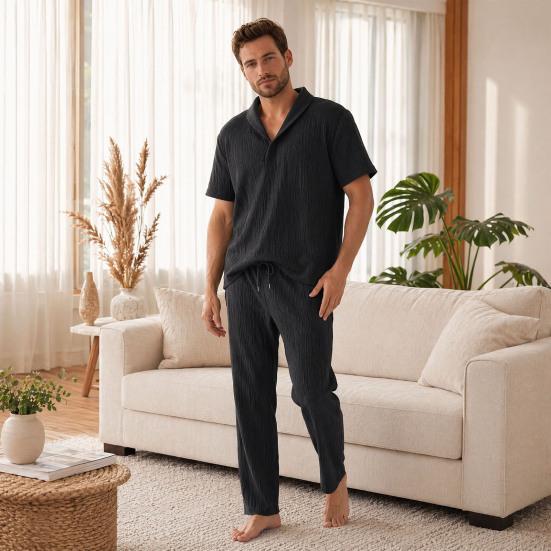 2Pcs/Set Casual Outfit for Men, Lapel Short Sleeve Shirt And Elastic Waist Loose Long Pants, Summer Ultra-Thin Ice Silk Outfit for Home And Daily Wear