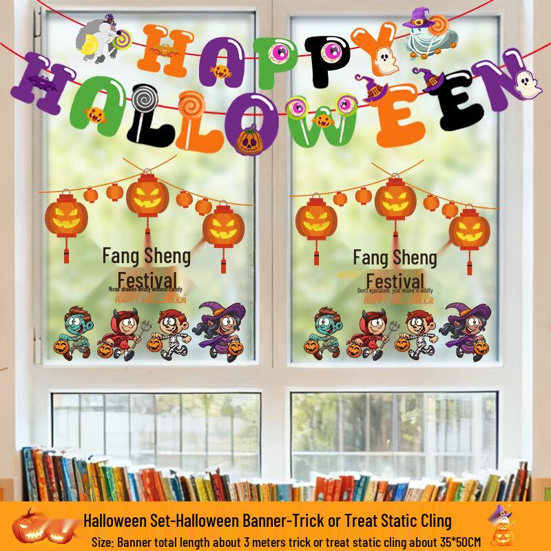 Kürbis Fenstersticker & Atmosphären-Flaggen - Halloween Glasaufkleber für Kindergarten & Geschäfte
