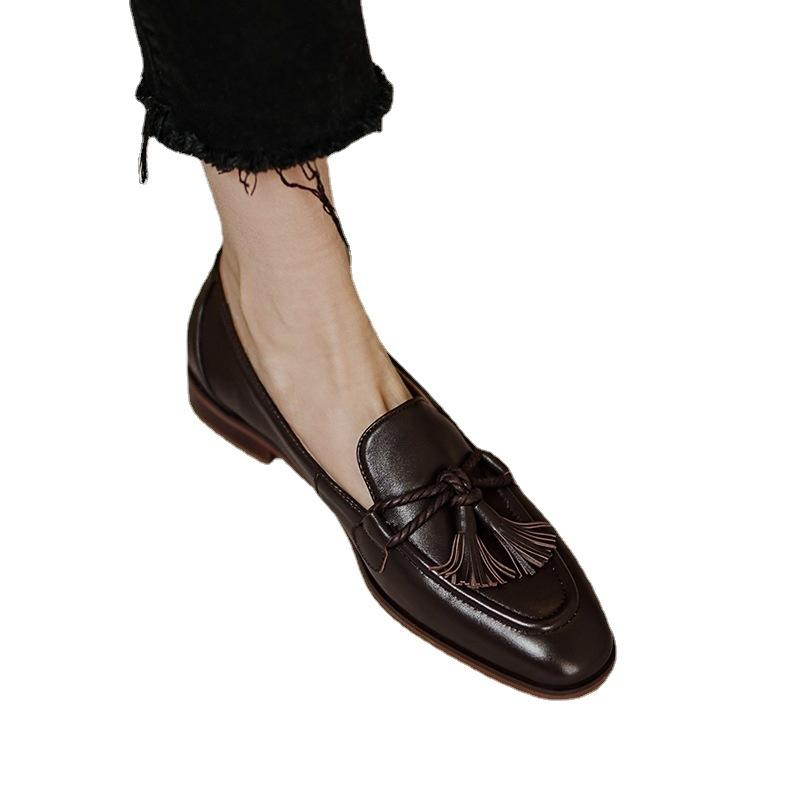 Fashion Retro Tassel Bow-knot Small Leather Shoes Women 2025 Loafers Square Toe Low Heels Oxfords Woman Ins Genuine Leather Fringe Flats
