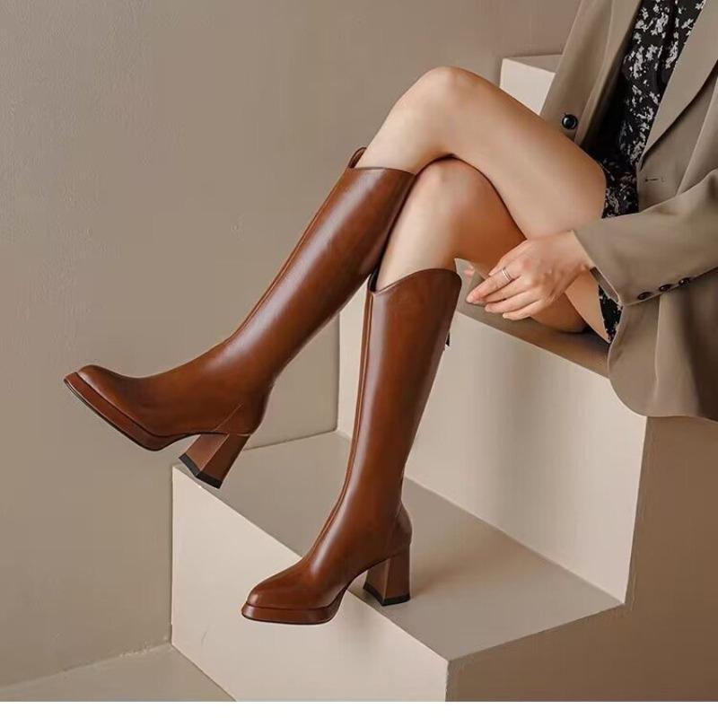 Women's Knee-high Boots Luxury Pointe Toe Leather Boots Fashion Thick Heel High Heel Boot Knight Booties Women Winter Long Boots
