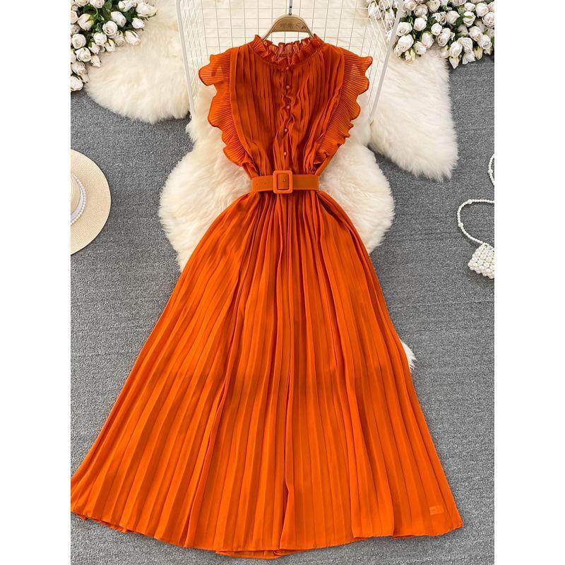 Fancy Light Luxury Temperament Flying Sleeves round Neck Waist Trimming Slim Looking A- line Pleated Dress Elegance Swing Long Dress