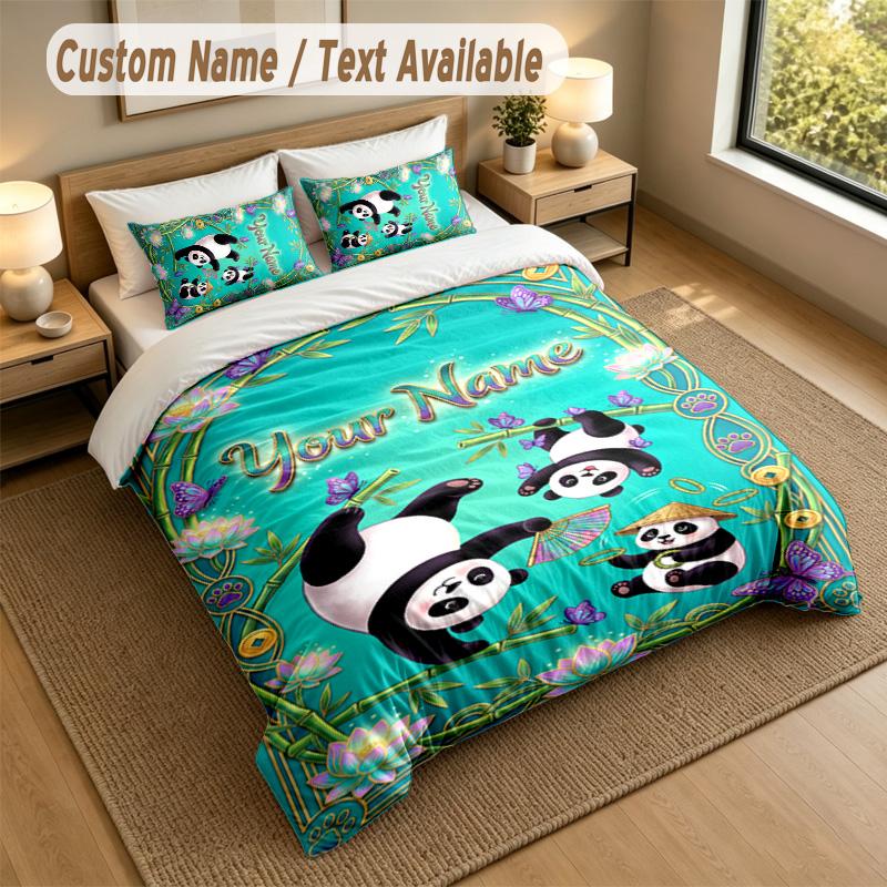 Bear Panda Theme Personalized 3Pcs Bedding Set Custom Text & Name 1 Sheet 2 Pillowcases Household Bedding 1pc