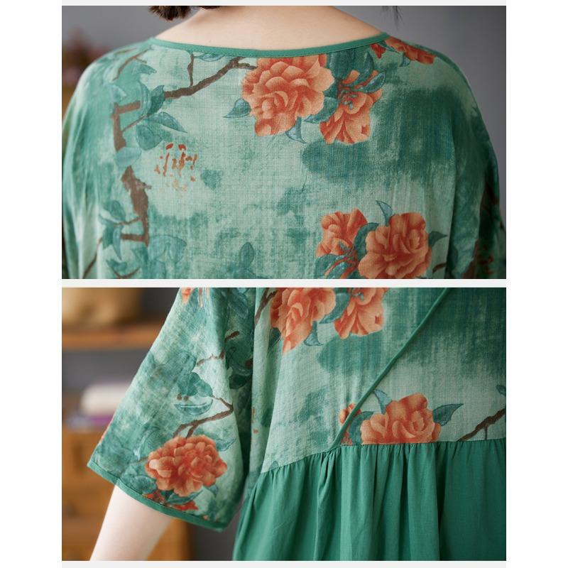 DIMANAF 2025 Plus Size Summer Women Basic Dress Vintage Floral Printing Casual Loose V-Neck Long Dress Maxi