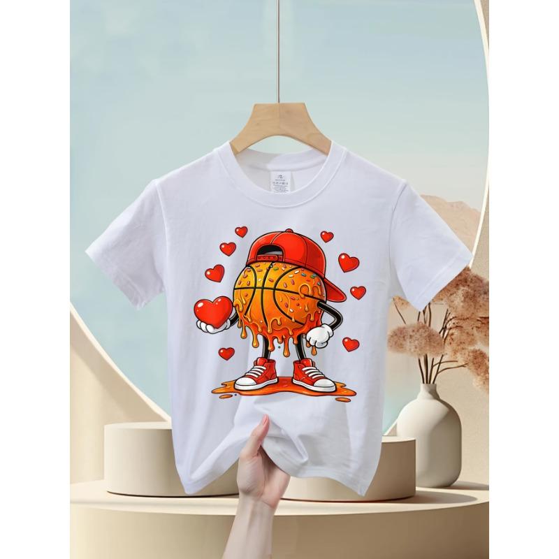 European Sizes Soft Breathable Valentine Basketball Heart Drip Sport Valentines Day T-Shirt for Kids | Boys & Girls Graphic Tee - Round Neck