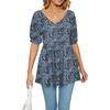 Summer Women's T-shirt V-neck Printed T-shirt Bubble Short Sleeve Drawstring Tops
