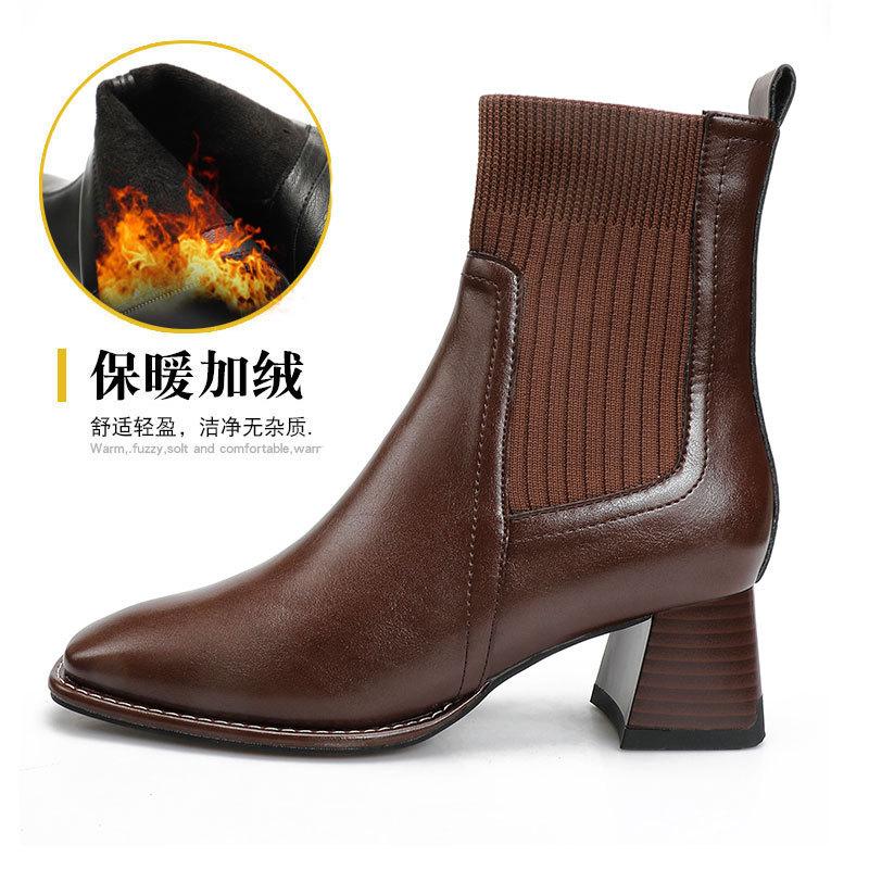 Thick Heel Square Head Short Boots Women's High Heel Socks Boots Knitted Elastic Boots 2025 New Women's Boots Medium Heel Spring and Autumn Single 