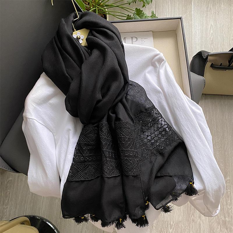 Plain Big Size Lace Floral Patchwork Tassel Viscose Shawl Scarf Luxury  Laser Cut Pashmina Bufandas Muslim Hijab Wrap Snood