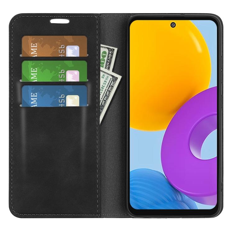Für Samsung Galaxy M52 5G Retro-Skin Magnetische Sauglederhülle mit Halter & Kartenfächern & Brieftasche(Schwarz)