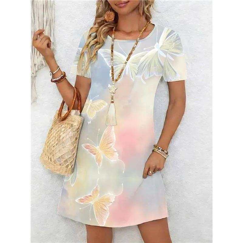 Summer Ladies 3D Printed Short Sleeve Dress Fashion Versatile Breathable Trend Casual
