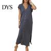Loose Fit Solid Color Dress Womens Summer Casual Short Sleeve Midi V-neck Comfortable Lightweight Button Down Shirt for Daily Life Dating Work