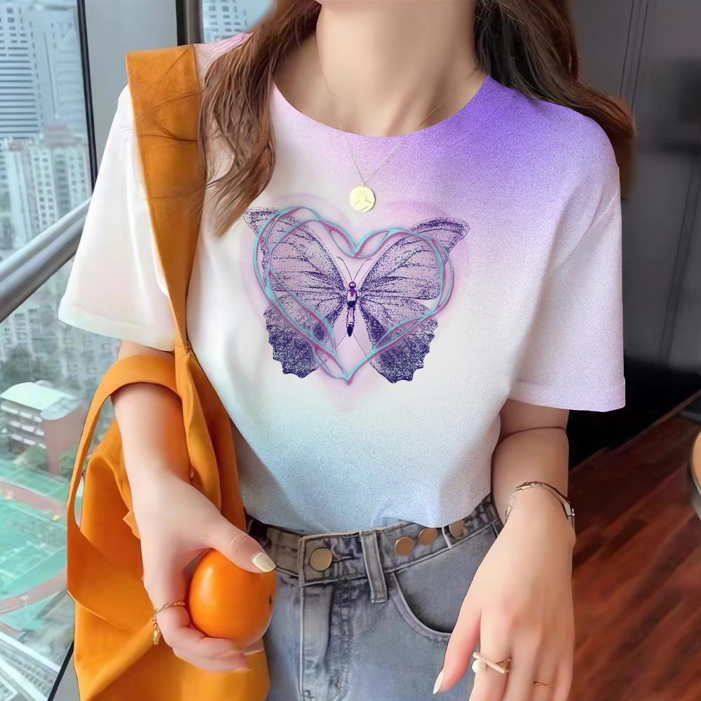 Printed 3D butterfly print women's round neck short sleeved T-shirt casual fashion top