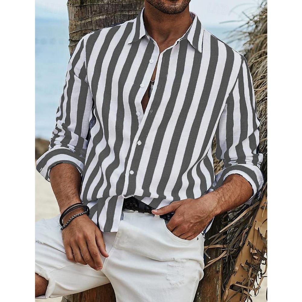 Herre Fritids Skjorte i Bomull og Lin med Striper og Lange Ermer