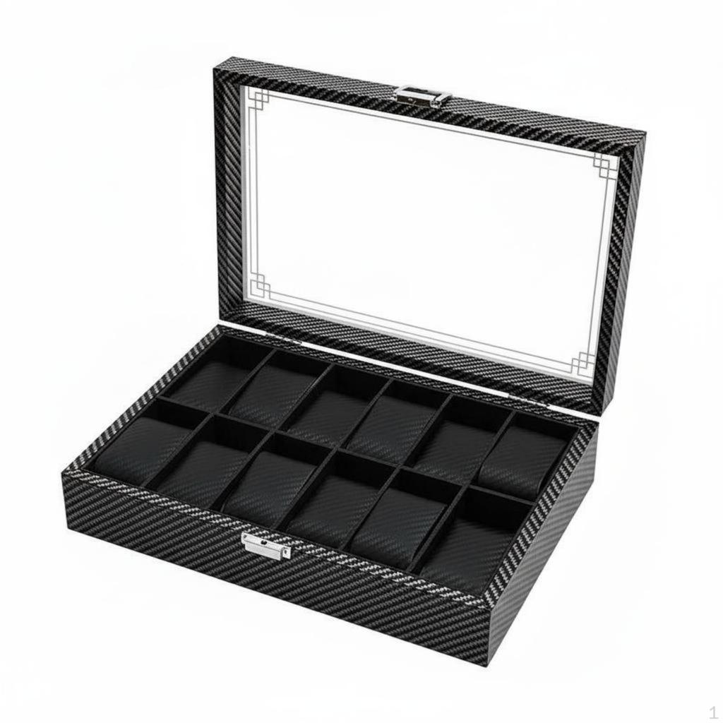 Carbon Fiber Watch Box Clear View Lid Collection Organizer Large Capacity Men's Jewelry