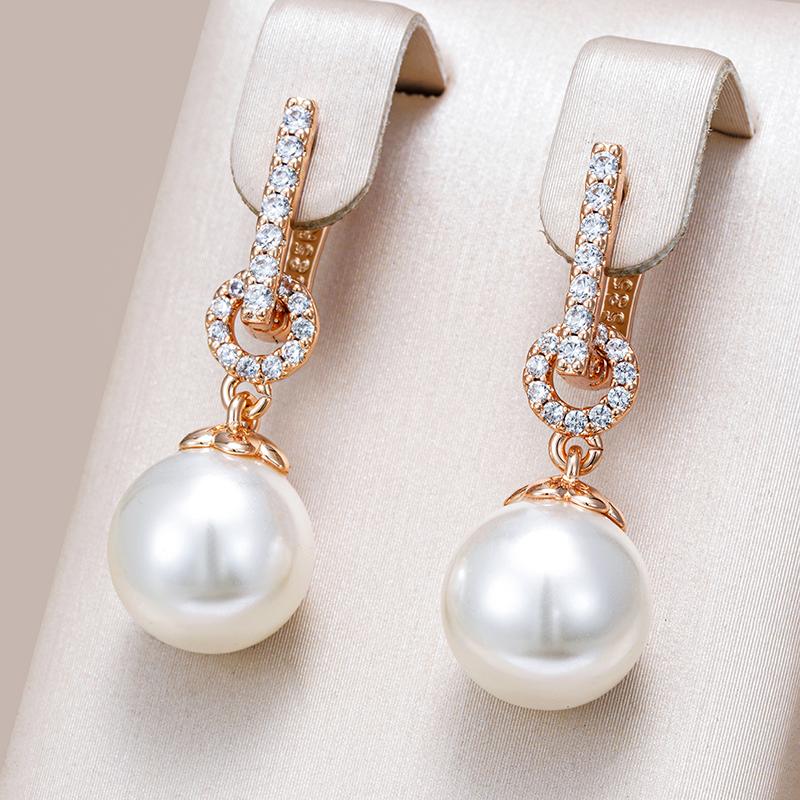 Luxury  Rose Gold Color Pearl Drop Earrings Women Unique Geometric Full Natural Zircon Accessories Daily Jewelry Gift