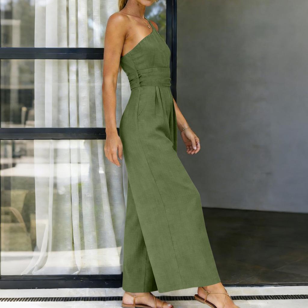 Women's Color Loose Wide Leg Cotton Linen Jumpsuit Pants