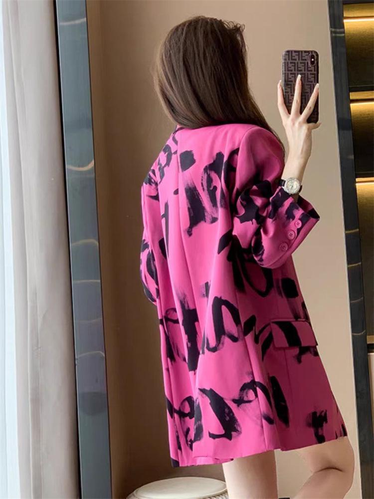 2026 Women's Trendy Street Style Casual Suit Jacket - Spring/Autumn Hong Kong Fashion with Letter Print Long Sleeves