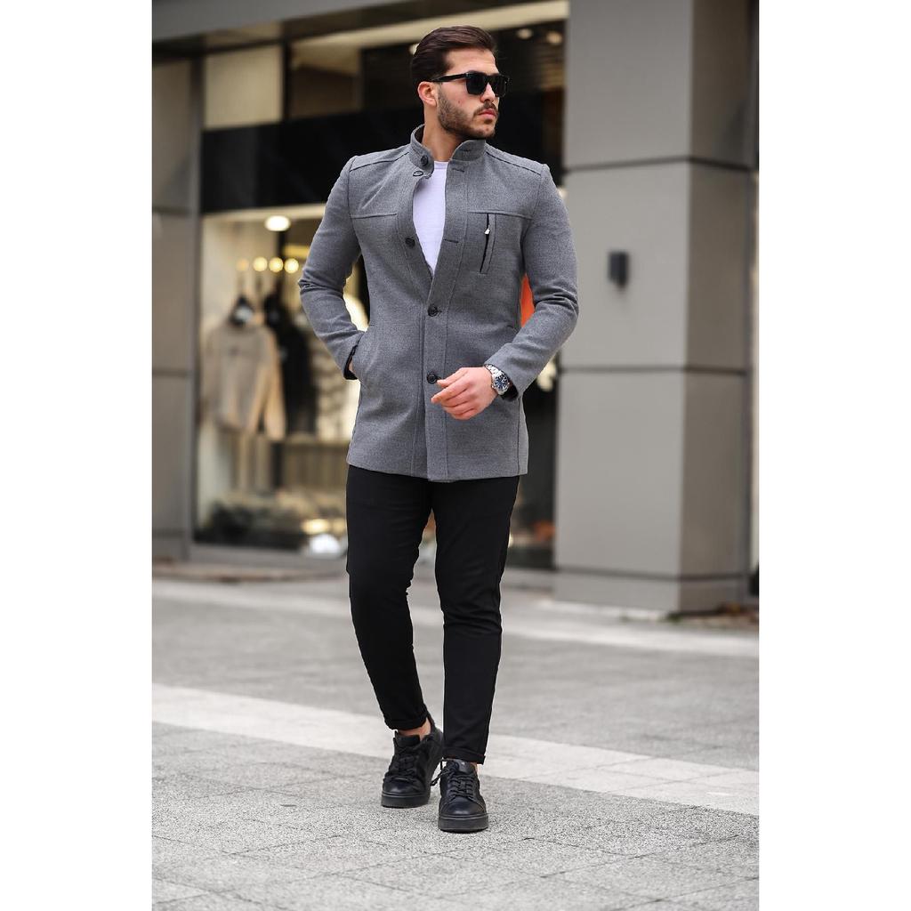 Men's Casual Cut Windproof Buttoned Long Black Cuff Coat