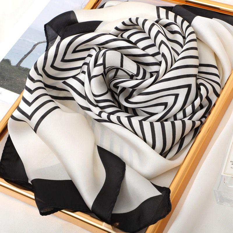 Stylish Women's Square Scarf with Simple Stripes: Silk-like Satin Smooth Texture Luxury Brand Appeal
