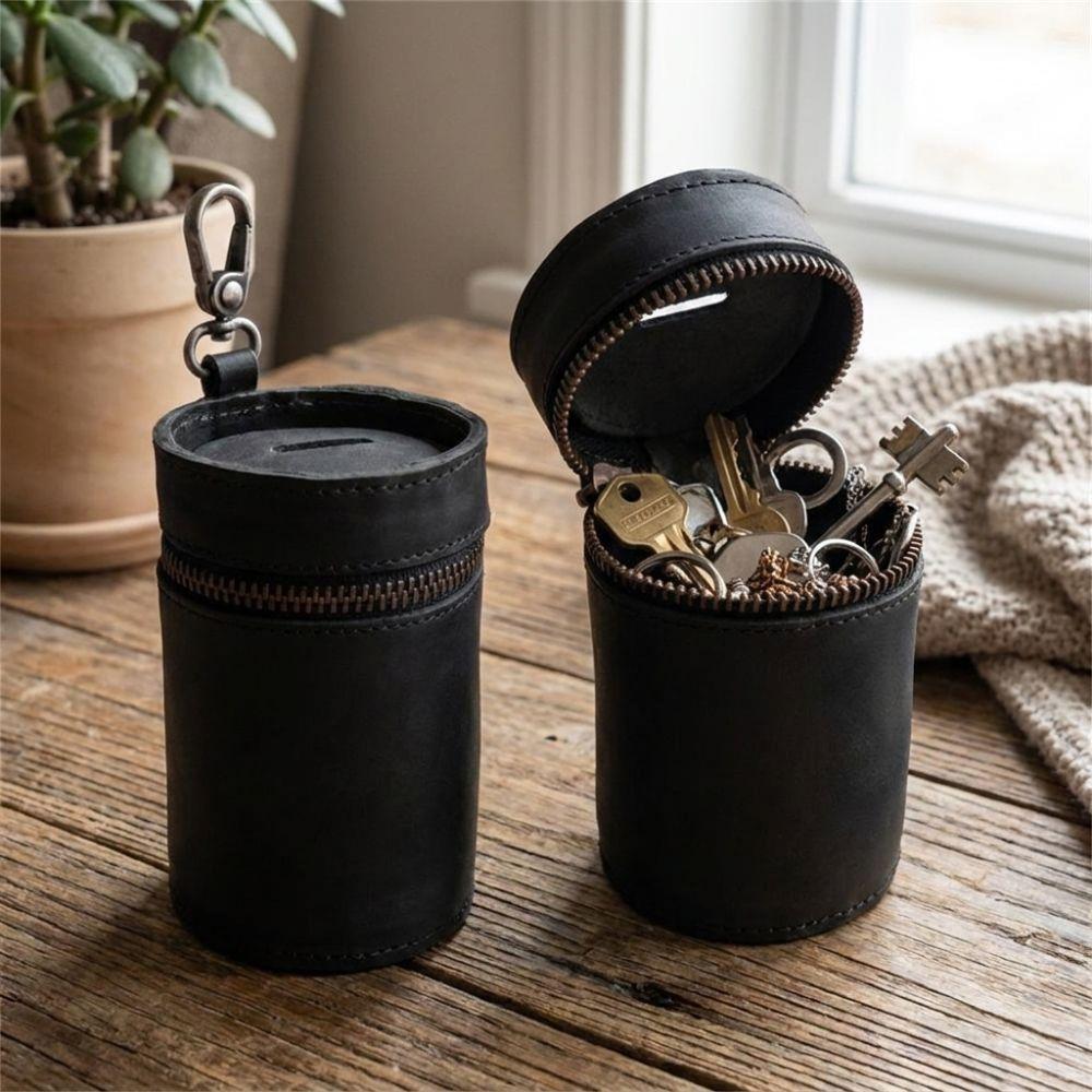 PU Leather Coin Storage Bank Handmade Cylindrical Key Storage Pouch with Clip Portable Money Clip For Car Cup Holder