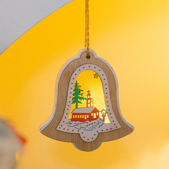 Yousheng Wooden Christmas Decor with LED Light 3D Carved Hanging Wood Star/Village House/Bell/Gift Box Ornament for Xmas Tree Decor
