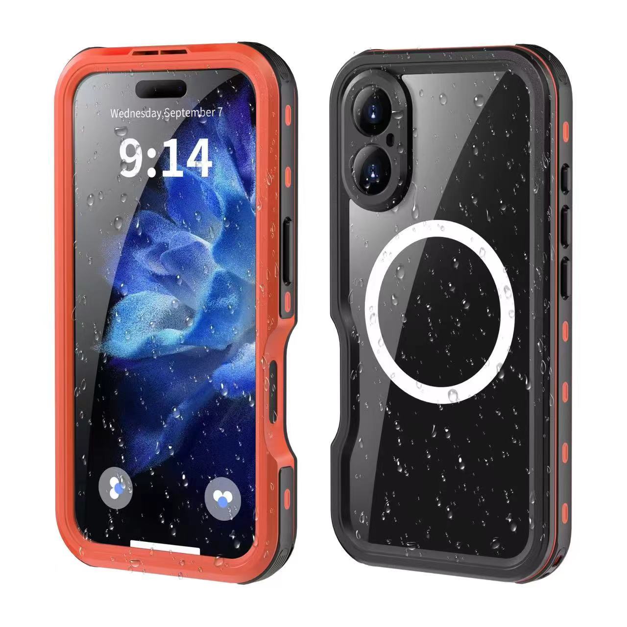 

Полностью герметичный прозрачный водонепроницаемый чехол IP68 для iPhone17 16 15 14 Plus 13 Pro Max Mini XS XR Противоударный чехол с защитной пленкой для экрана For iPhone 17 ProMax оранжевый