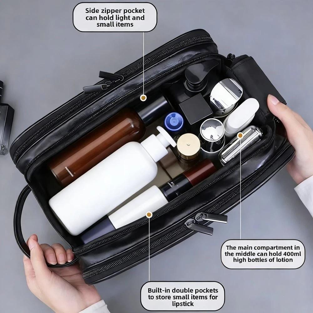 Large Capacity Travel Toiletry Bag PU Three-opening Cosmetic Organizer Multi Compartment Multifunctional Makeup Bag
