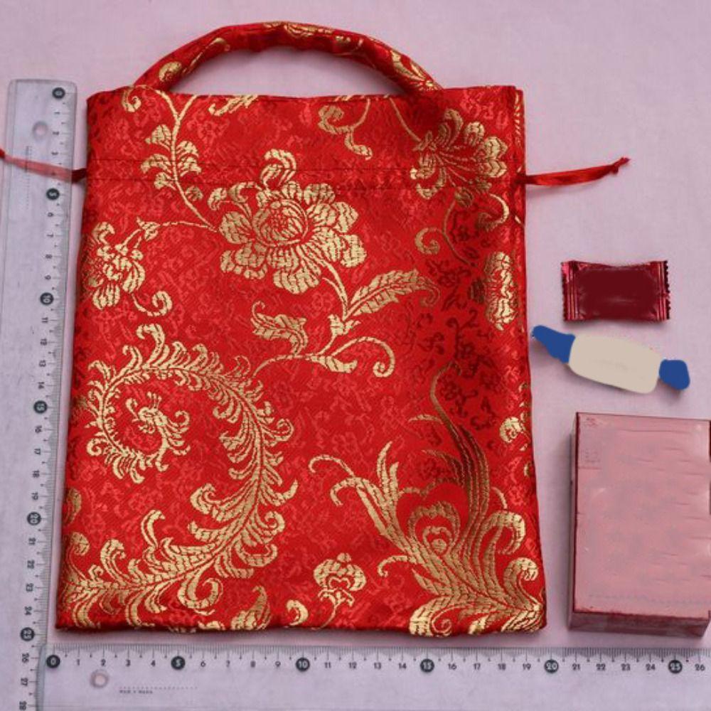 Large Capacity Canvas Flower Drawstring Bag Wrist Bag Festive Sugar Bag New Year