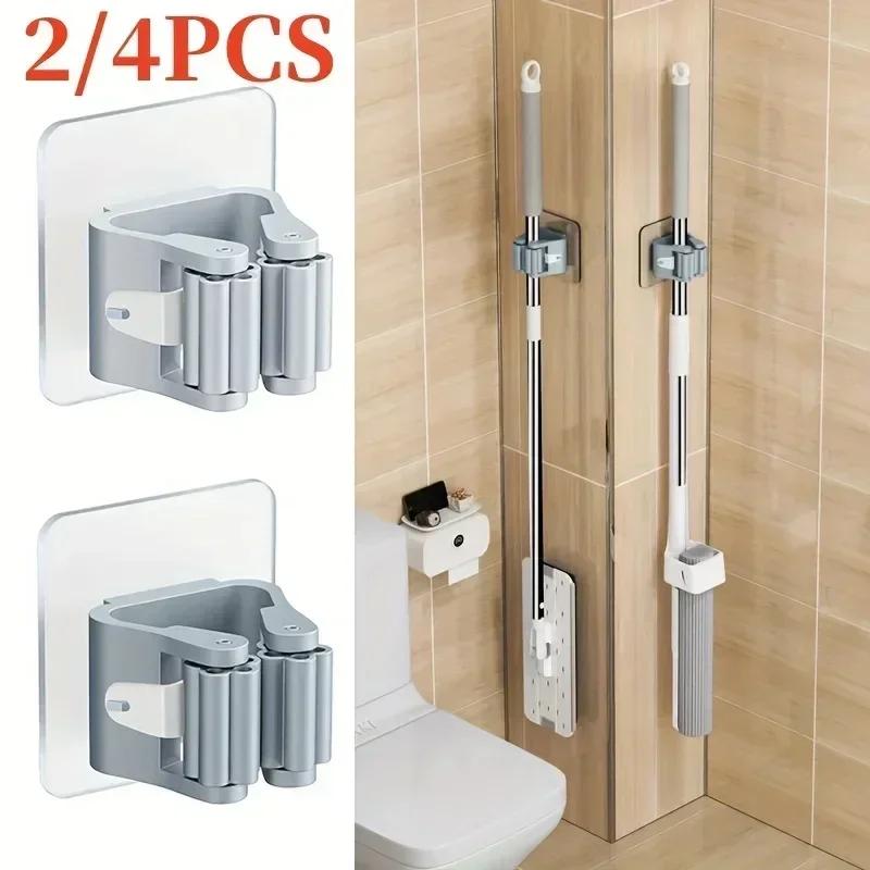 Mop Holder Storage Rack Bathroom Suction Hanging Pipe Traceless Mop Clip Broom Hanger Wall-Mounted Waterproof Rack White Amagi