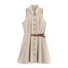 Women's Turn Down Collar Sleeveless Mini Dress Loose Fit Mid Rise Minimalist Belted A Line Shirt Dress