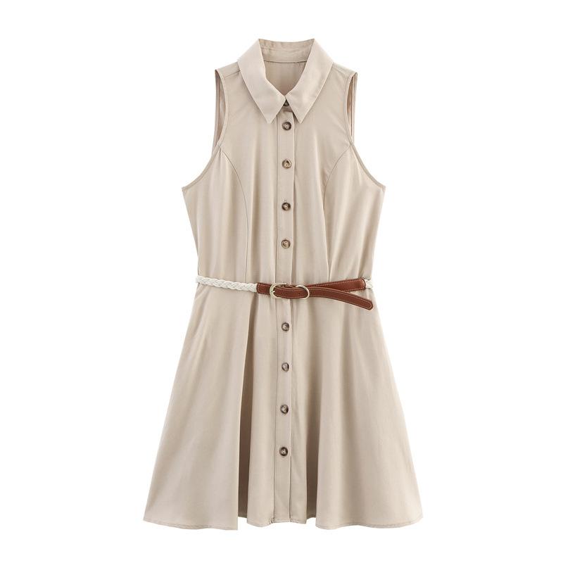 Women's Turn Down Collar Sleeveless Mini Dress Loose Fit Mid Rise Minimalist Belted A Line Shirt Dress
