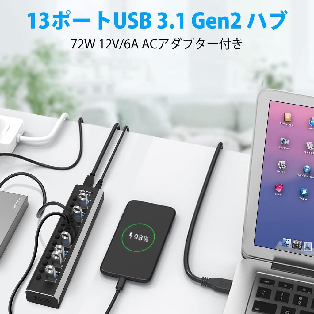 ROSONWAY USB Hub Gen2 10Gbps 13 Port Aluminum 72W USB HUB USB Cable and Type C Cable Included AC Adapter Independent Switch Included 3.1 Self-Powered