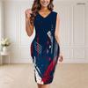 Women Plus Size V Neck Sleeveless Printed Bodycon Midi Dress Navy Blue Red Gold