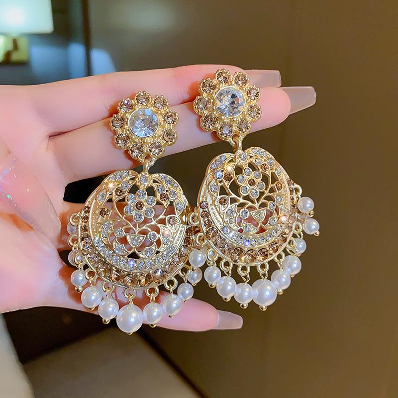 Pendientes de Carrillón de Viento de Perla y Cristal de Aguja Plateada Vintage