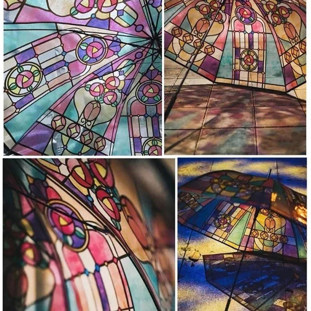 Hand-Painted Design Transparent Umbrella Stained Glass Print Automatic Umbrella Rain Protection