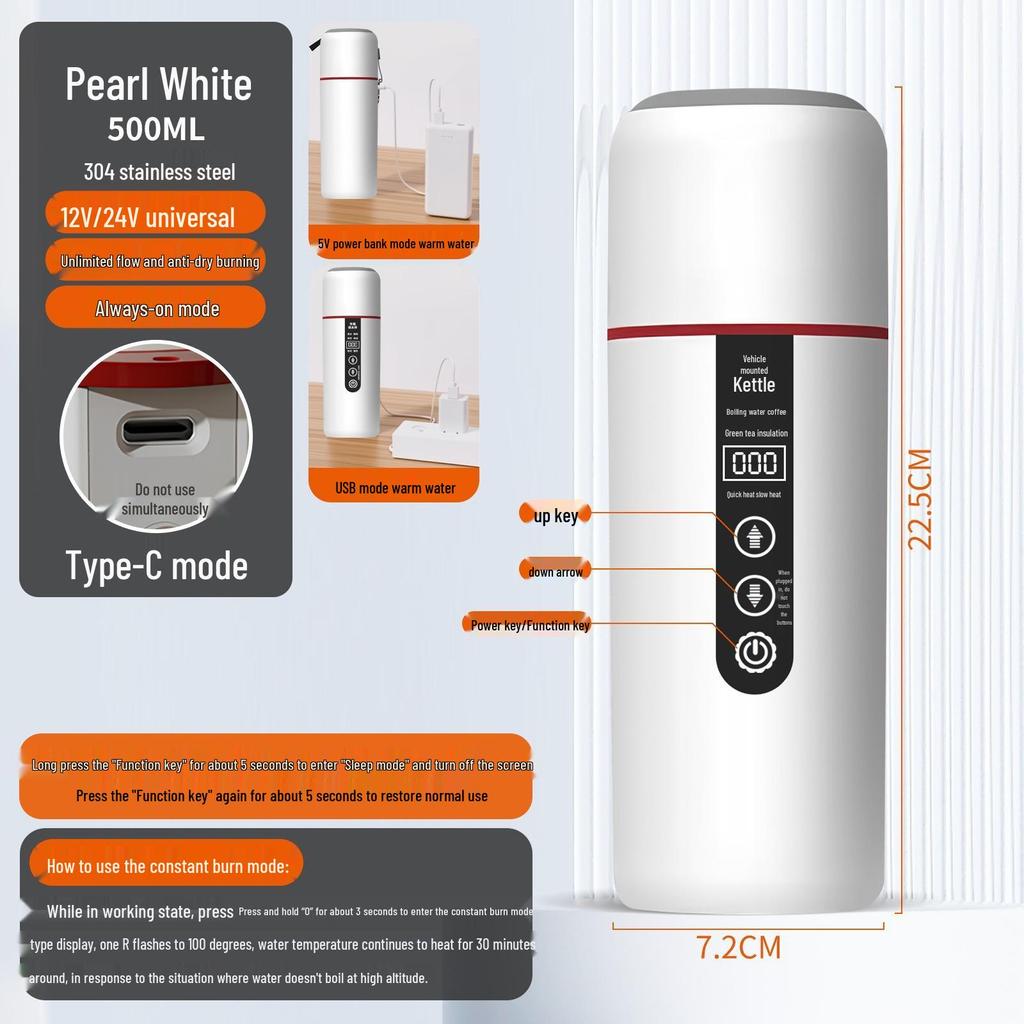 Dvounapěťová auto elektrická konvice: USB chytrý vyhřívaný izolační hrnek pro 12V/24V