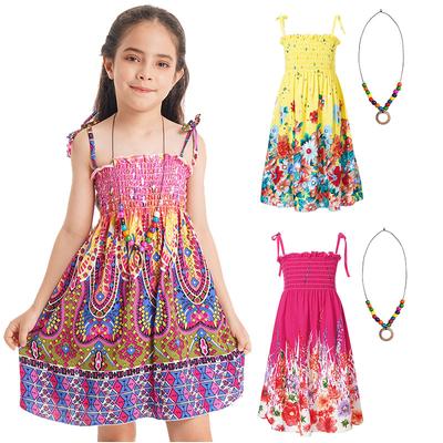 Mädchen Böhmisches Strandkleid Schulterfrei Ärmellos Floral Regenbogen-Träger Trägerkleid mit Halskette Sommer-Outfit