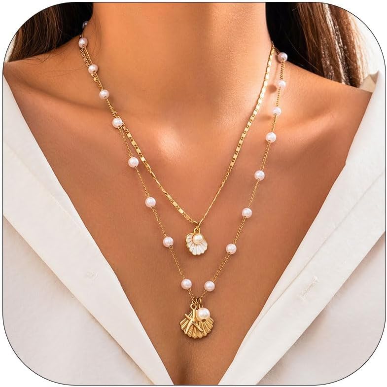 YANCHUN Shell Necklace Beach Jewelry for Women Sea Shell Necklace Layered Gold Shell Charm Necklaces Summer Outfits for Women Beach Fashion