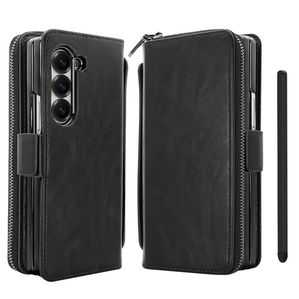 For Samsung Galaxy Z Fold6 5G Case Zipper Pocket Leather Phone Cover with Screen Protector/Stylus Pen
