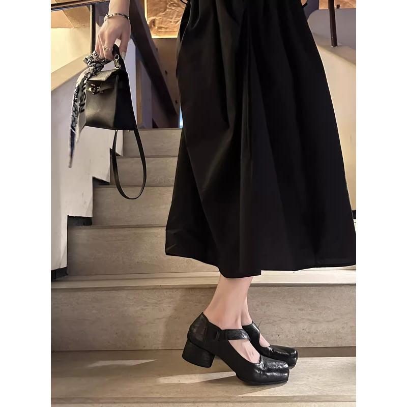 Cowhide Version Grape Mother Same Washed Horse Leather Retro Old Square Head Thick Heel Small Leather Shoes Women Mary Jane Single Shoes